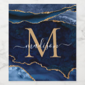 Modern Navy Blue Gold Agate Geode Chic Monogram Wijn Etiket (Enkel label)