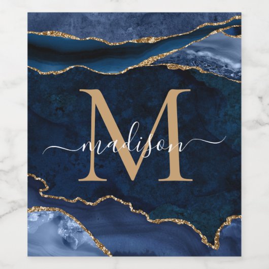 Modern Navy Blue Gold Agate Geode Chic Monogram Wijn Etiket (Enkel label)