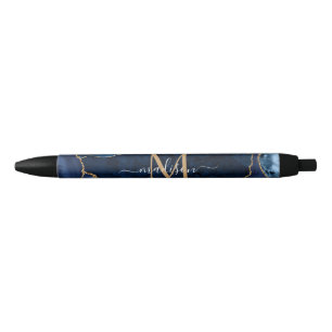 Modern Navy Blue Gold Agate Geode Chic Monogram Zwarte Inkt Pen