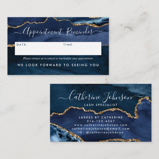 Modern Navy Blue Gold Agate Geode Elegant Script Afsprakenkaartje (Voorkant / Achterkant)