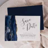 Modern Navy Blue Gold Agate Save the Date Kaart