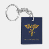 Modern Navy Blue Gold Caduceus RN Nurse Name Titel Sleutelhanger (Voorkant Links)