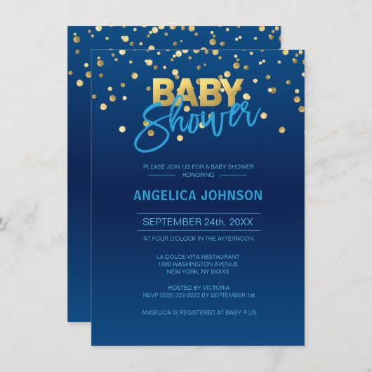 Modern Navy Blue Gold Confetti BOY Baby shower Kaart (Voorkant / Achterkant)