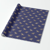 Modern Navy Blue Gold Dragonfly Pattern Cadeaupapier (Uitgerold)