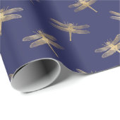 Modern Navy Blue Gold Dragonfly Pattern Cadeaupapier (Rol Hoek)