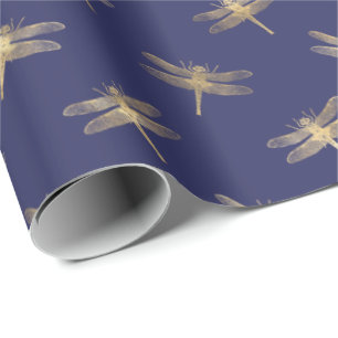 Modern Navy Blue Gold Dragonfly Pattern Cadeaupapier