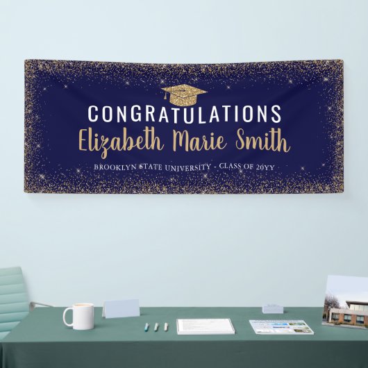 Modern Navy Blue Gold Glitter Afstudeerder Pet Afs Spandoek (Beurs)
