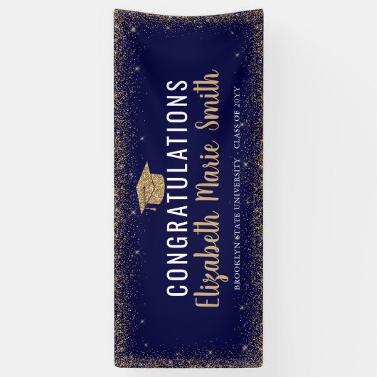 Modern Navy Blue Gold Glitter Afstudeerder Pet Afs Spandoek (Verticaal)
