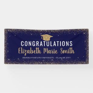 Modern Navy Blue Gold Glitter Afstudeerder Pet Afs Spandoek