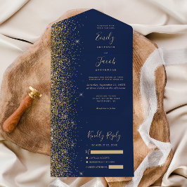 Modern Navy Blue Gold Glitter Wedding All In One Uitnodiging