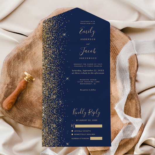Modern Navy Blue Gold Glitter Wedding All In One Uitnodiging
