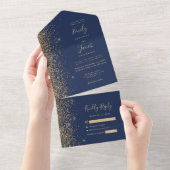 Modern Navy Blue Gold Glitter Wedding All In One Uitnodiging (Afscheurbaar)