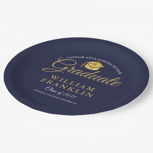 Modern Navy Blue Gold Graduation Party Papieren Bordje (Gekanteld)
