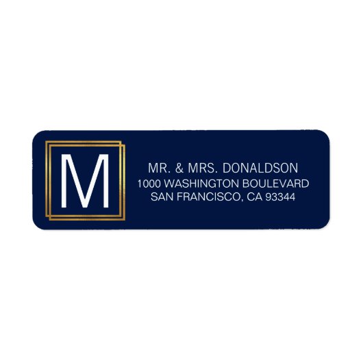 Modern Navy Blue Gold Lijst Monogram Initialen Etiket (Voorkant)