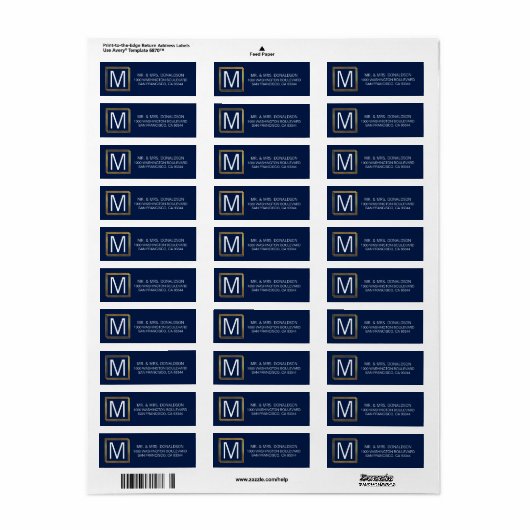 Modern Navy Blue Gold Lijst Monogram Initialen Etiket (Full Sheet)