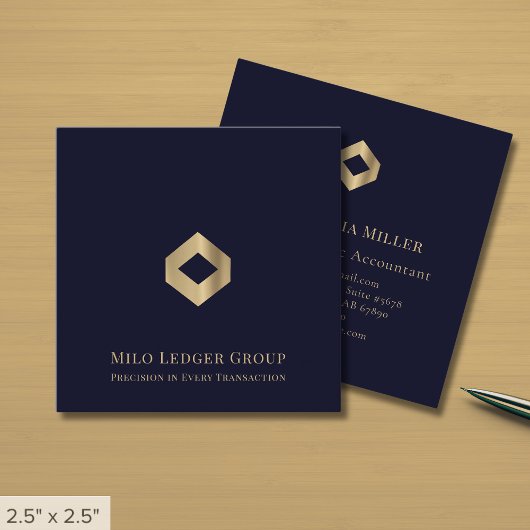 Modern Navy Blue Gold Logo Vierkante Visitekaartje
