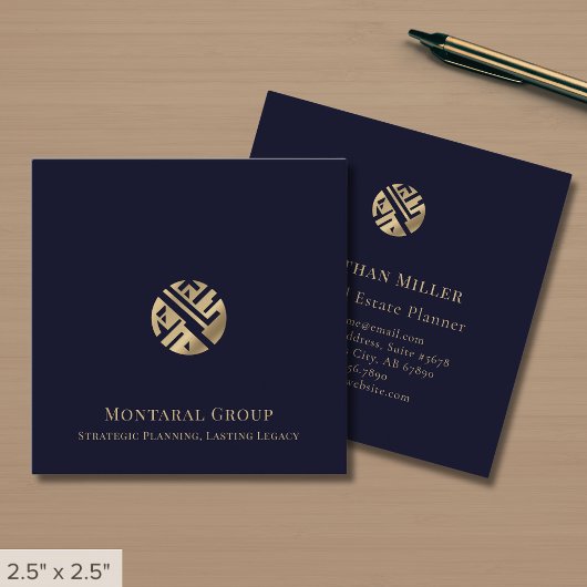 Modern Navy Blue Gold Logo Vierkante Visitekaartje