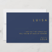 Modern Navy Blue Gold Maid of Honor proposal card Kaart (Achterkant)