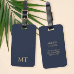 Modern Navy Blue Gold Minimalist Initial Monogram Bagagelabel<br><div class="desc">Create your own personalized monogram luggage tag with custom initials and name in gold color typography on navy blue background.</div>