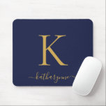 Modern Navy Blue Gold Monogram Script Muismat<br><div class="desc">Modern Elegant Gold Monogram Script on a chic navy blue mouse pad. Easy to customize with your own name and details. Perfect for your modern minimalist yet luxury lifestyle! Please contact us at cedarandstring@gmail.com if you need assistance with the design or matching products.</div>