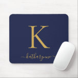 Modern Navy Blue Gold Monogram Script Muismat<br><div class="desc">Modern Elegant Gold Monogram Script on a chic navy blue mouse pad. Easy to customize with your own name and details. Perfect for your modern minimalist yet luxury lifestyle! Please contact us at cedarandstring@gmail.com if you need assistance with the design or matching products.</div>