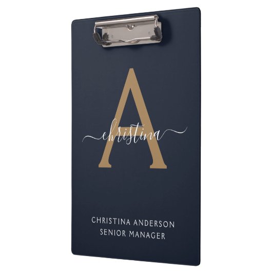 Modern Navy Blue Gold Monogram Script Naam Initiaa Klembord (Links)