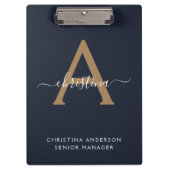 Modern Navy Blue Gold Monogram Script Naam Initiaa Klembord (Voorkant)