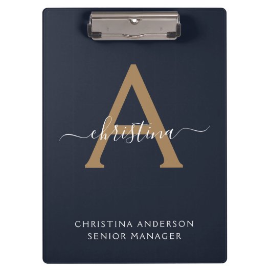 Modern Navy Blue Gold Monogram Script Naam Initiaa Klembord (Voorkant)