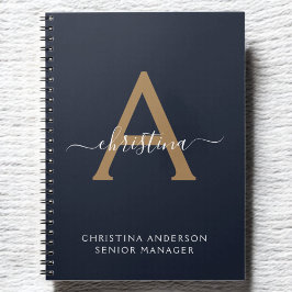 Modern Navy Blue Gold Monogram Script Naam Initiaa Notitieboek