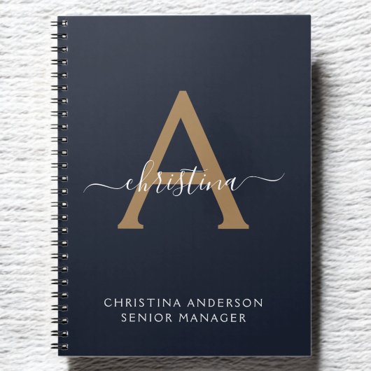 Modern Navy Blue Gold Monogram Script Naam Initiaa Notitieboek