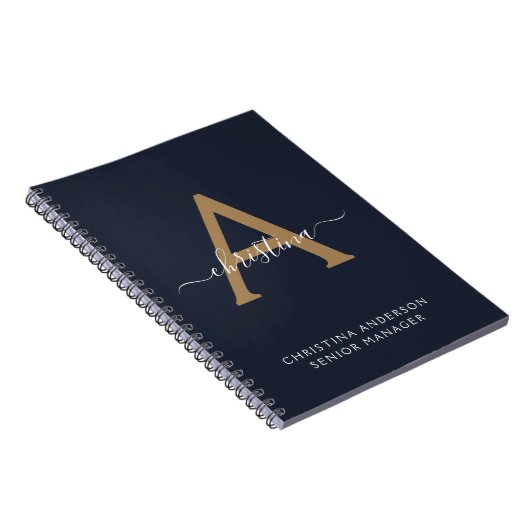 Modern Navy Blue Gold Monogram Script Naam Initiaa Notitieboek (Rechterzijde)
