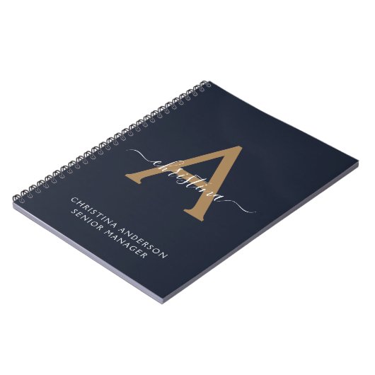 Modern Navy Blue Gold Monogram Script Naam Initiaa Notitieboek (Linkerzijde)