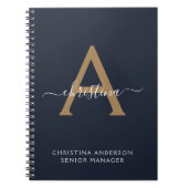 Modern Navy Blue Gold Monogram Script Naam Initiaa Notitieboek (Voorkant)