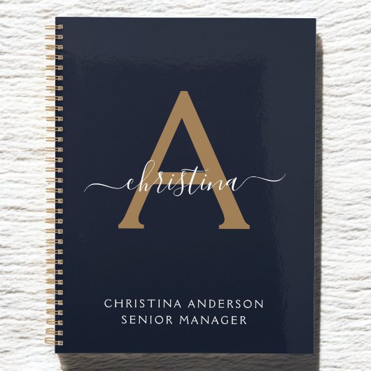 Modern Navy Blue Gold Monogram Script Naam Initiaa Planner