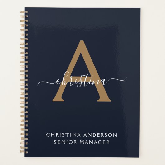 Modern Navy Blue Gold Monogram Script Naam Initiaa Planner (Voorkant)