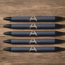 Modern Navy Blue Gold Monogram Script Naam Initiaa Zwarte Inkt Pen