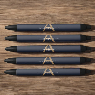 Modern Navy Blue Gold Monogram Script Naam Initiaa Zwarte Inkt Pen