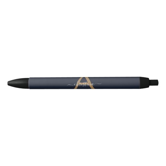 Modern Navy Blue Gold Monogram Script Naam Initiaa Zwarte Inkt Pen (Voorkant)