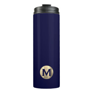 Modern Navy Blue Gold Monogram Thermosbeker