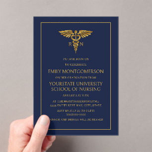 Modern Navy Blue Gold Nursing School RN Afstuderen Acryl Uitnodigingen