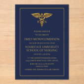 Modern Navy Blue Gold Nursing School RN Afstuderen Acryl Uitnodigingen (Voorkant)