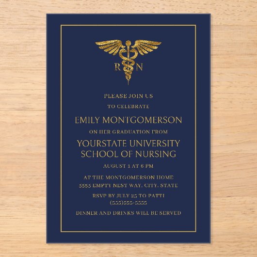 Modern Navy Blue Gold Nursing School RN Afstuderen Acryl Uitnodigingen (Voorkant)