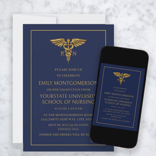 Modern Navy Blue Gold Nursing School RN Afstuderen Kaart