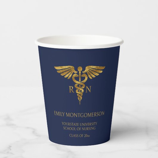 Modern Navy Blue Gold Nursing School RN Afstuderen Papieren Bekers (Achterkant)