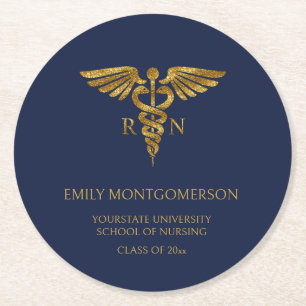Modern Navy Blue Gold Nursing School RN Afstuderen Ronde Kartonnen Onderzetter