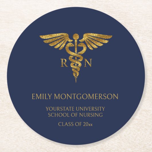 Modern Navy Blue Gold Nursing School RN Afstuderen Ronde Kartonnen Onderzetter (Voorkant)