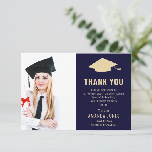 Modern Navy Blue Gold Photo Afstuderen Bedankkaart (Staand voorkant)