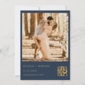 Modern Navy Blue Gold Photo QR Code Wedding Kaart (Achterkant)
