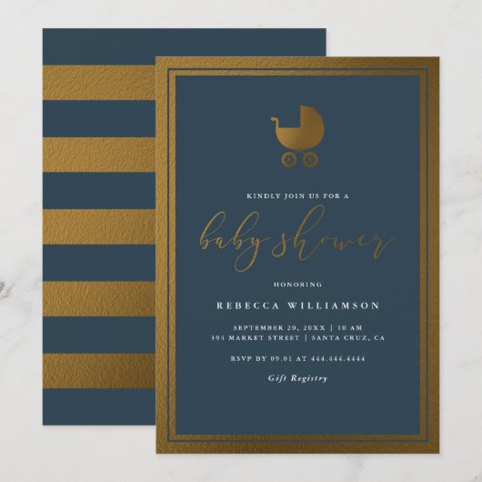 Modern Navy Blue & Gold Pram Boy Baby shower Kaart (Voorkant / Achterkant)