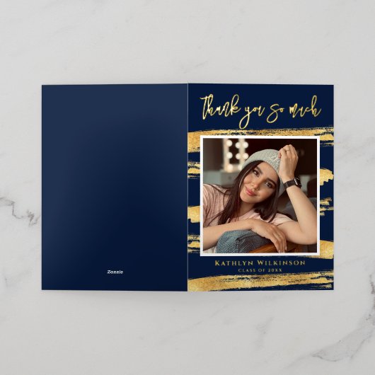 Modern Navy Blue Gold Script Afstuderen Hartelijk  Folie Wenskaart (Buiten Laag)
